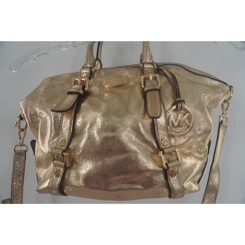 Michael Kors Metallic Gold Leather Satchel Crossbody Front Buckles MK Medallion - Picture 2 of 8